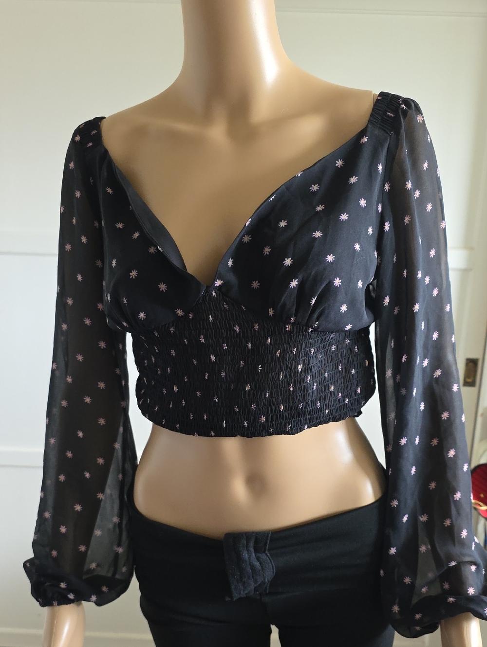 Princess Polly Black Smocked Crop Top with Pink Starlet Print